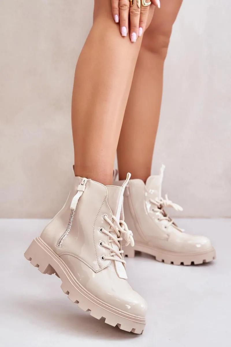 Botki Sznurowane|Czarne Botki>Boto Lakierowane Botki Workery Damskie Ocieplane Z Napisami Beżowe Zinfreya