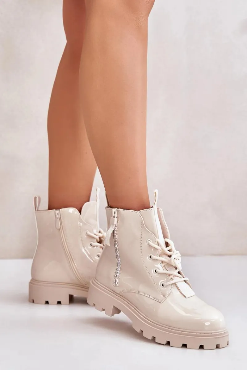 Botki Sznurowane|Czarne Botki>Boto Lakierowane Botki Workery Damskie Ocieplane Z Napisami Beżowe Zinfreya