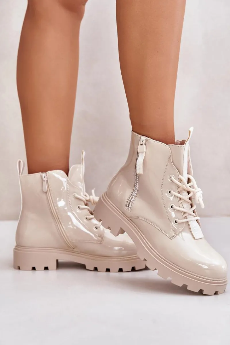 Botki Sznurowane|Czarne Botki>Boto Lakierowane Botki Workery Damskie Ocieplane Z Napisami Beżowe Zinfreya