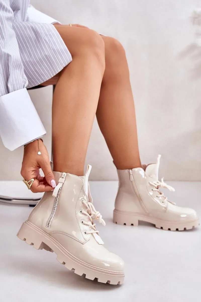 Botki Sznurowane|Czarne Botki>Boto Lakierowane Botki Workery Damskie Ocieplane Z Napisami Beżowe Zinfreya