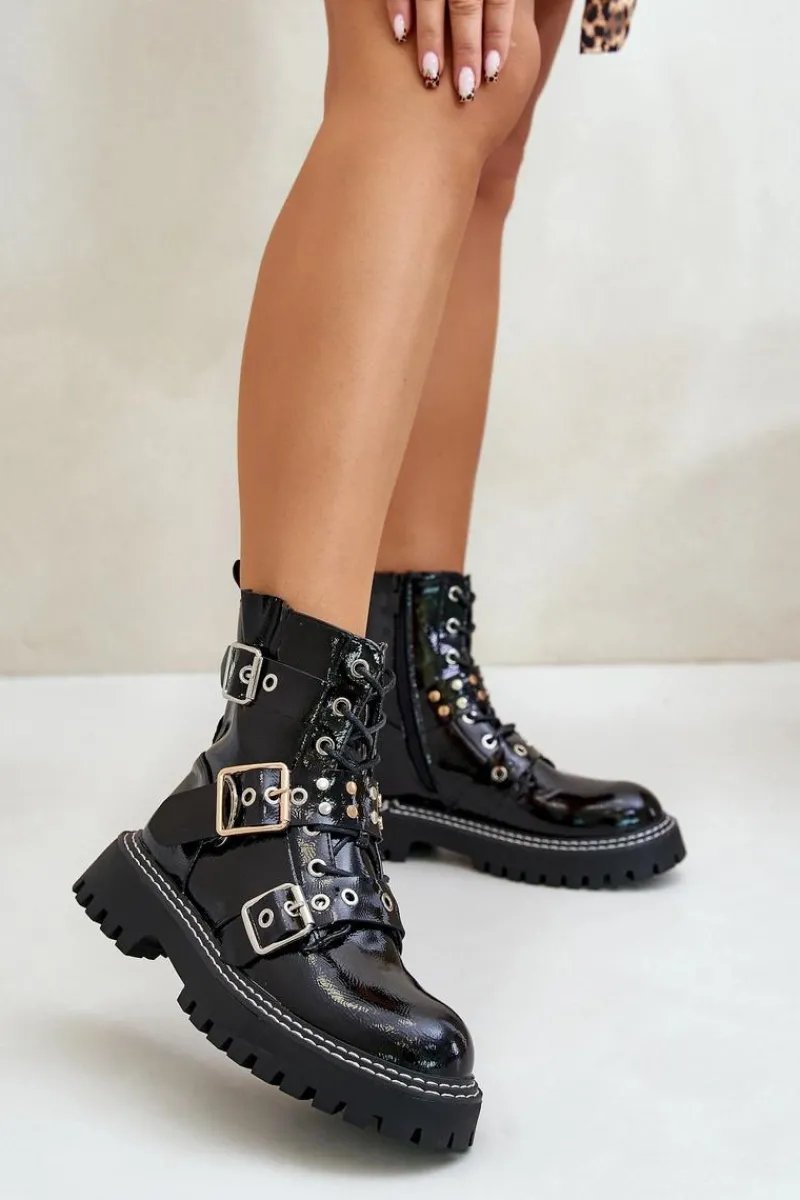 Lakierowane Botki Workery Z Klamrami Czarne Serizia Damskie Botki Sznurowane|Botki Płaskie