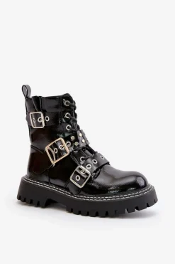 Lakierowane Botki Workery Z Klamrami Czarne Serizia Damskie Botki Sznurowane|Botki Płaskie