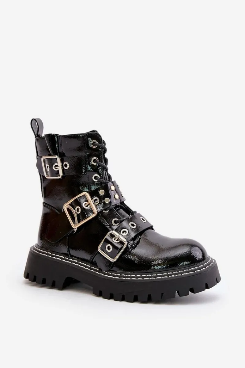 Lakierowane Botki Workery Z Klamrami Czarne Serizia Damskie Botki Sznurowane|Botki Płaskie