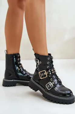 Lakierowane Botki Workery Z Klamrami Czarne Serizia Damskie Botki Sznurowane|Botki Płaskie