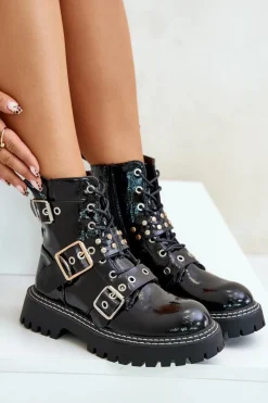 Lakierowane Botki Workery Z Klamrami Czarne Serizia Damskie Botki Sznurowane|Botki Płaskie