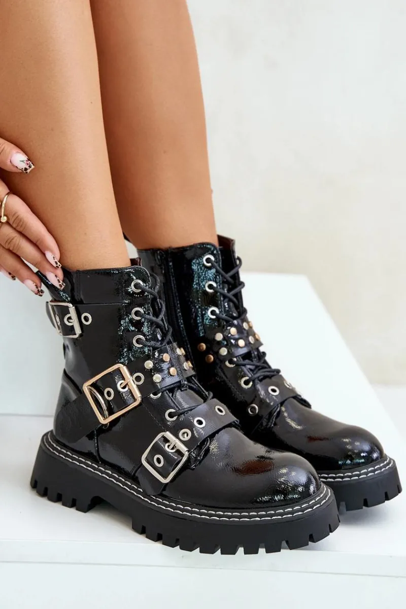 Lakierowane Botki Workery Z Klamrami Czarne Serizia Damskie Botki Sznurowane|Botki Płaskie
