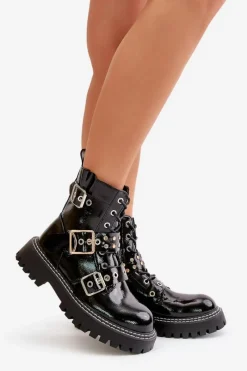 Lakierowane Botki Workery Z Klamrami Czarne Serizia Damskie Botki Sznurowane|Botki Płaskie