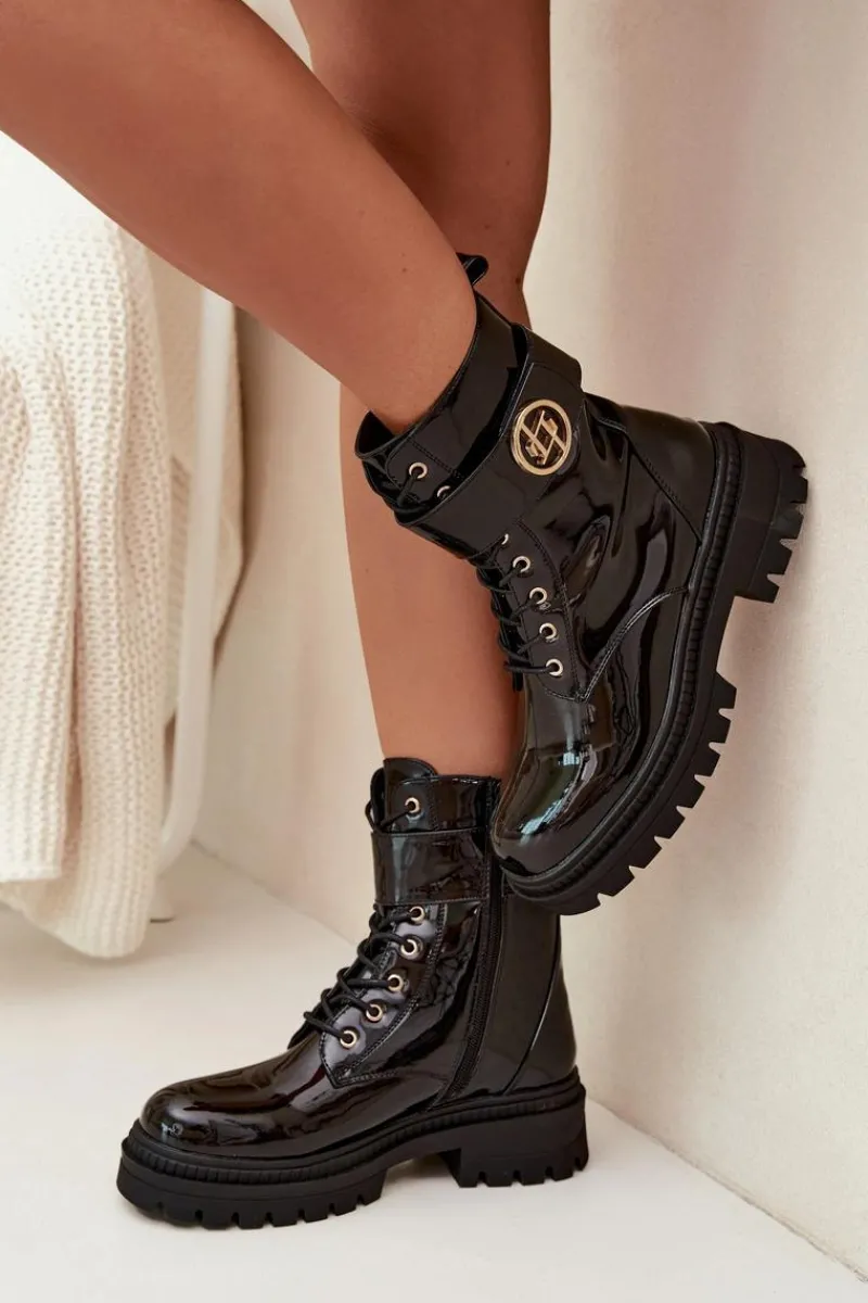 Botki Ocieplane|Botki Sznurowane>Boto Lakierowane Botki Workery Damskie Ze Złotym Detalem Ocieplane Czarne Fiorena Czarny