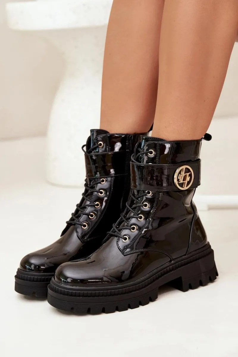 Botki Ocieplane|Botki Sznurowane>Boto Lakierowane Botki Workery Damskie Ze Złotym Detalem Ocieplane Czarne Fiorena Czarny