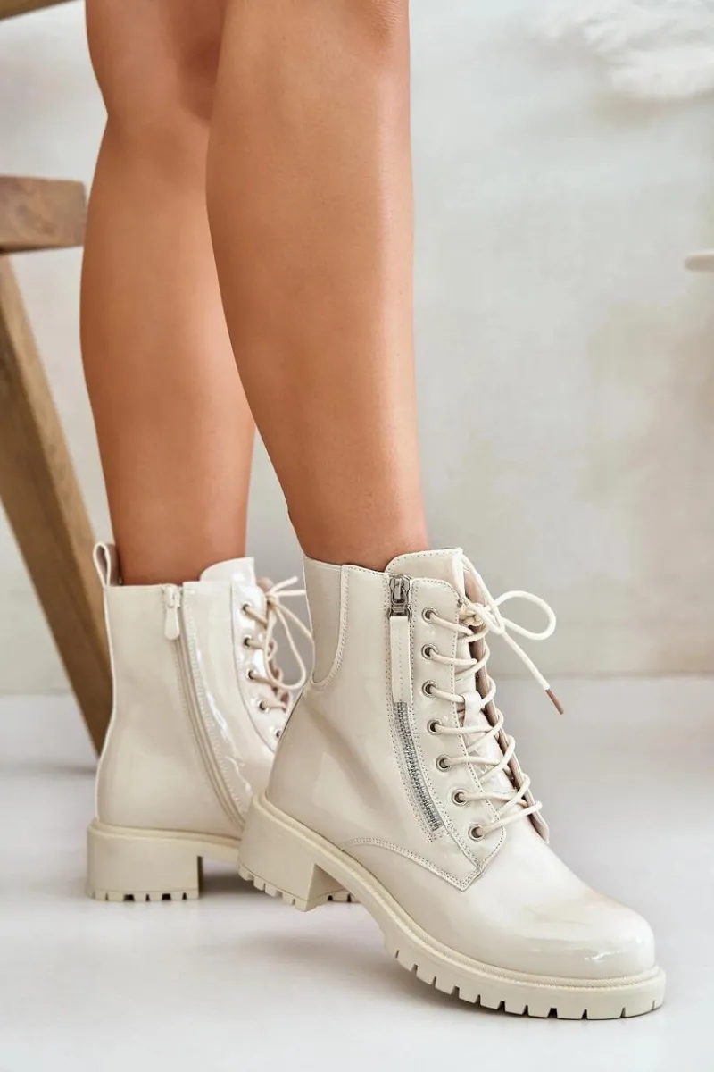 Best Lakierowane Botki Workery Na Zamek Ocieplane Beżowe Ravanthia Damskie Botki Sznurowane|Botki Płaskie