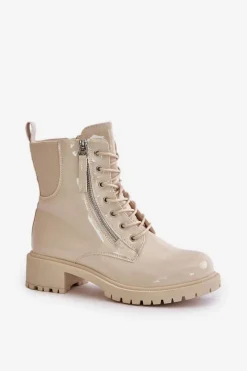 Best Lakierowane Botki Workery Na Zamek Ocieplane Beżowe Ravanthia Damskie Botki Sznurowane|Botki Płaskie
