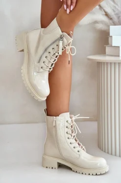 Best Lakierowane Botki Workery Na Zamek Ocieplane Beżowe Ravanthia Damskie Botki Sznurowane|Botki Płaskie