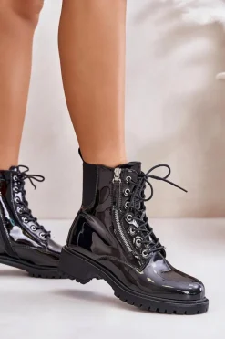 Outlet Boto Lakierowane Botki Workery Na Zamek Ocieplane Czarne Ravanthia