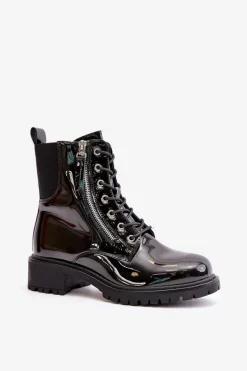 Outlet Boto Lakierowane Botki Workery Na Zamek Ocieplane Czarne Ravanthia