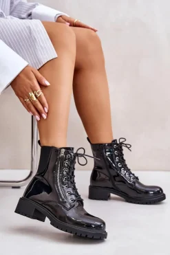 Outlet Boto Lakierowane Botki Workery Na Zamek Ocieplane Czarne Ravanthia