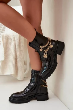 New Lakierowane Botki Workery Damskie Ze Złotym Łańcuchem Ocieplane Czarne Sarinae Damskie Botki Ocieplane|Botki Sznurowane