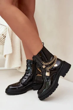 New Lakierowane Botki Workery Damskie Ze Złotym Łańcuchem Ocieplane Czarne Sarinae Damskie Botki Ocieplane|Botki Sznurowane