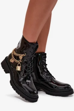 New Lakierowane Botki Workery Damskie Ze Złotym Łańcuchem Ocieplane Czarne Sarinae Damskie Botki Ocieplane|Botki Sznurowane