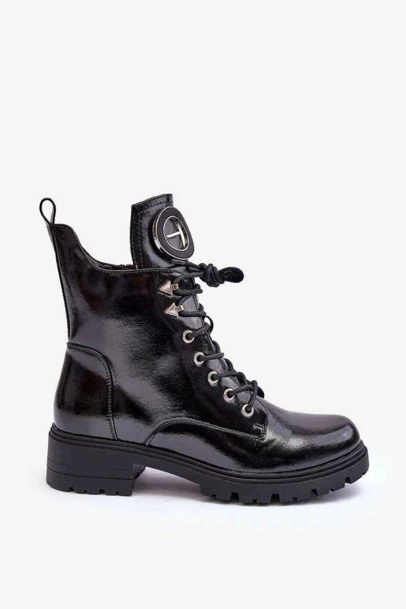 Discount Lakierowane Botki Workery Z Ozdobą Czarne Emmber Damskie Botki Płaskie|Botki Workery