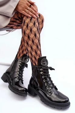 Discount Lakierowane Botki Workery Z Ozdobą Czarne Emmber Damskie Botki Płaskie|Botki Workery