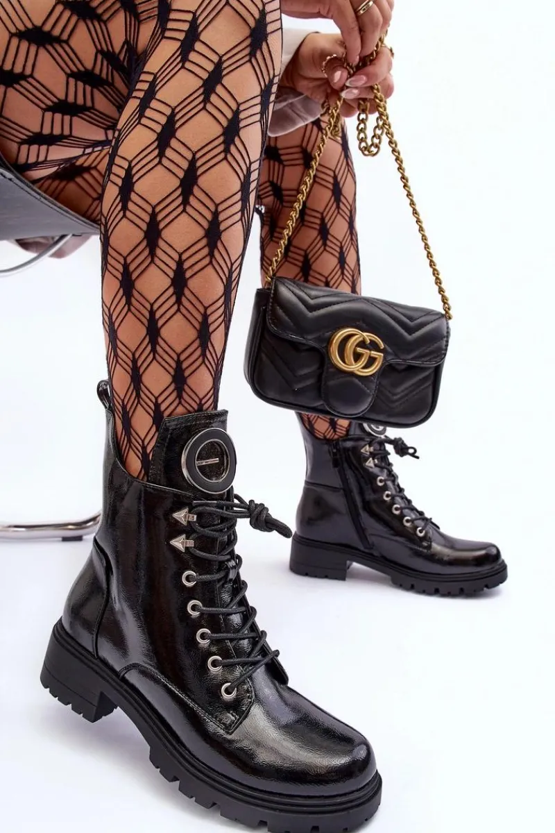 Discount Lakierowane Botki Workery Z Ozdobą Czarne Emmber Damskie Botki Płaskie|Botki Workery