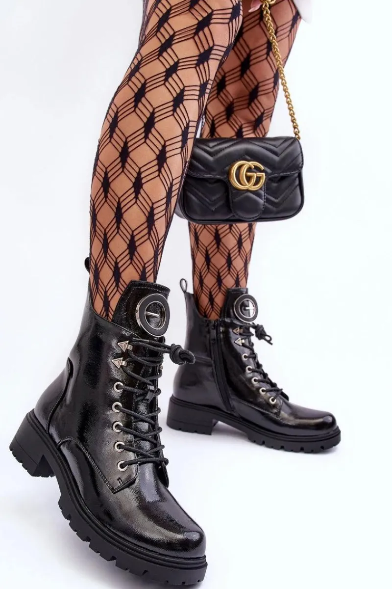 Discount Lakierowane Botki Workery Z Ozdobą Czarne Emmber Damskie Botki Płaskie|Botki Workery