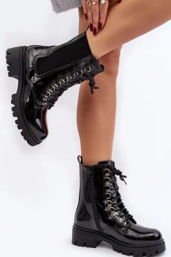 Botki Sznurowane|Czarne Botki>Boto Lakierowane Botki Workery Damskie Czarne Charmea