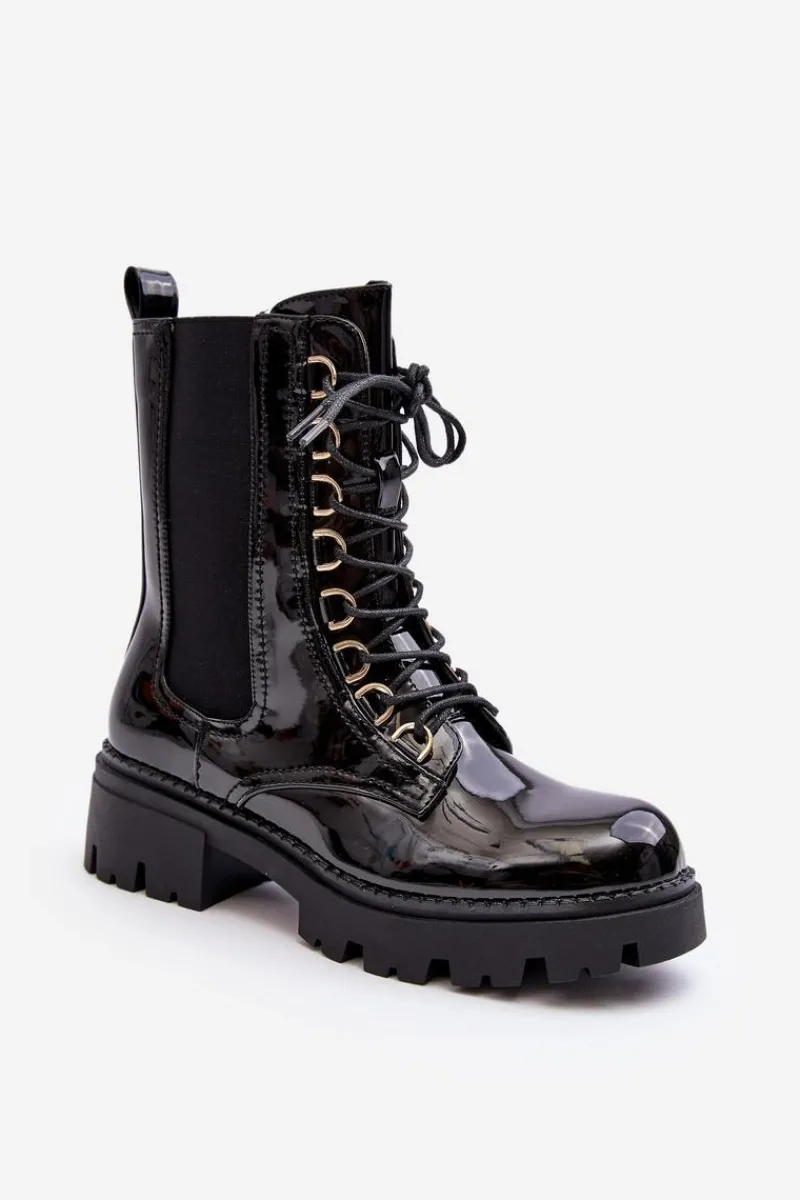 Botki Sznurowane|Czarne Botki>Boto Lakierowane Botki Workery Damskie Czarne Charmea