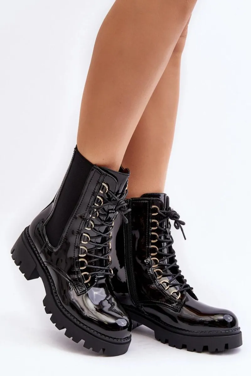 Botki Sznurowane|Czarne Botki>Boto Lakierowane Botki Workery Damskie Czarne Charmea
