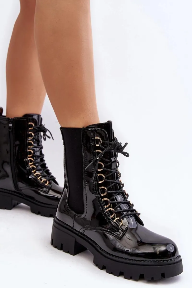 Botki Sznurowane|Czarne Botki>Boto Lakierowane Botki Workery Damskie Czarne Charmea