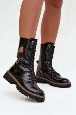 Botki Ocieplane|Botki Zimowe Damskie>Boto Lakierowane Botki Workery Damskie Ze Złotym Detalem Ocieplane Czarne Dorialine Czarny