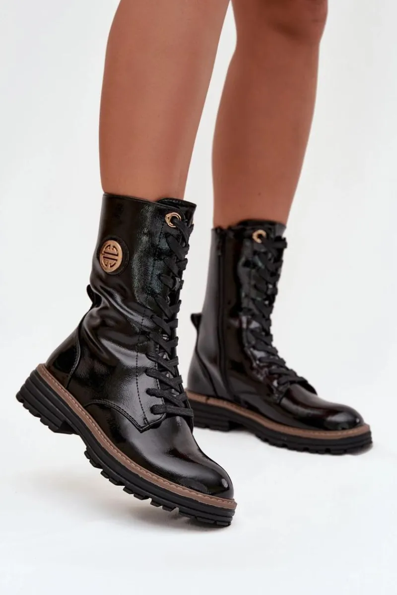 Botki Ocieplane|Botki Zimowe Damskie>Boto Lakierowane Botki Workery Damskie Ze Złotym Detalem Ocieplane Czarne Dorialine Czarny