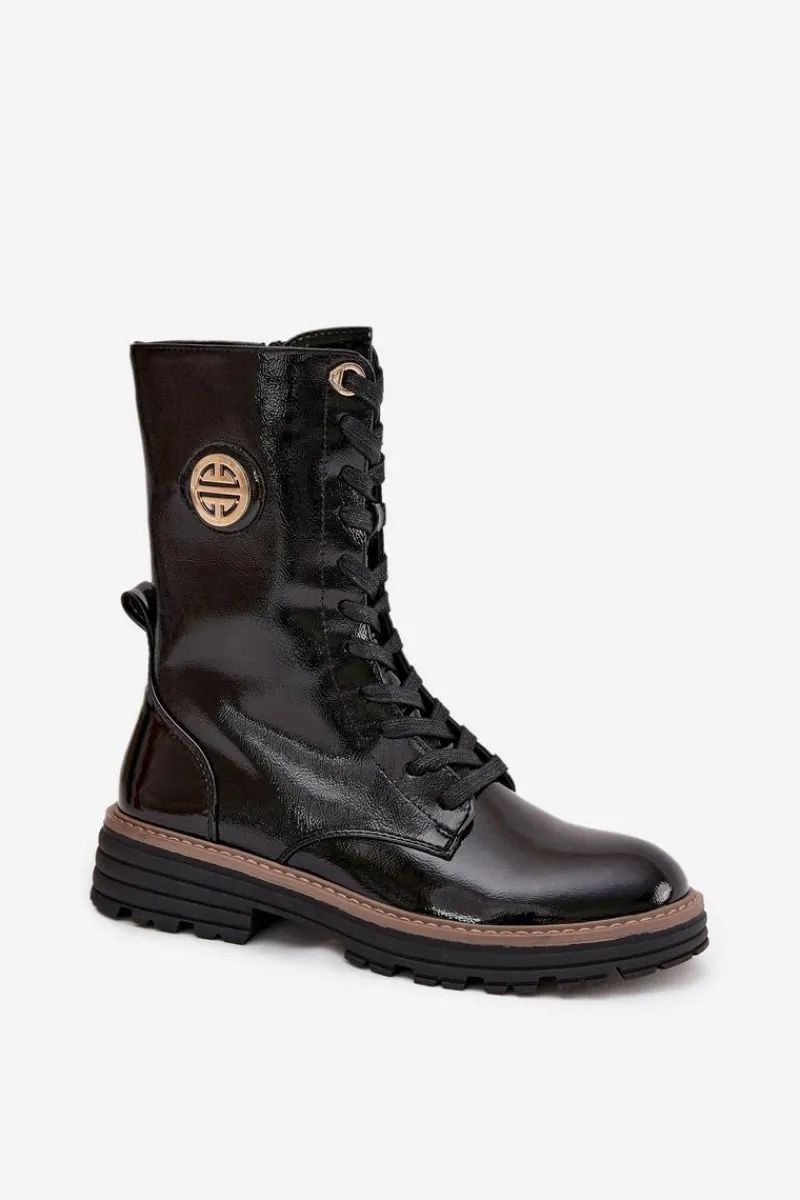 Botki Ocieplane|Botki Zimowe Damskie>Boto Lakierowane Botki Workery Damskie Ze Złotym Detalem Ocieplane Czarne Dorialine Czarny