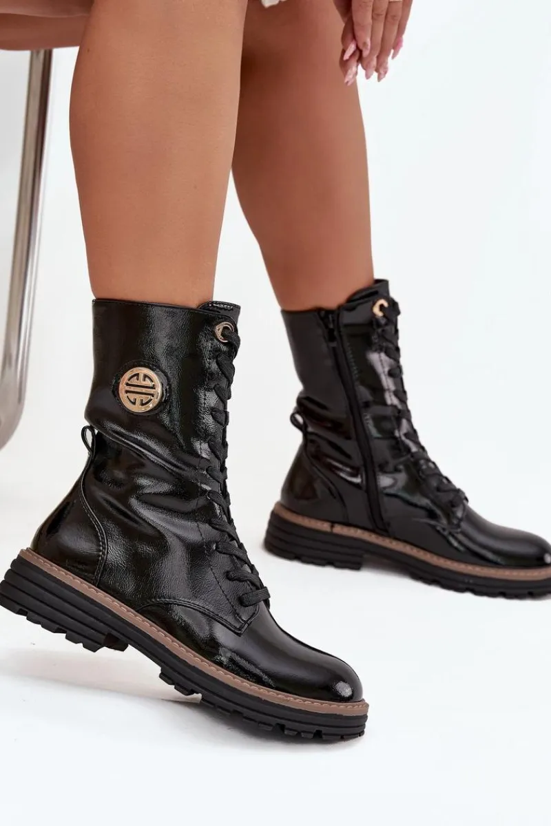 Botki Ocieplane|Botki Zimowe Damskie>Boto Lakierowane Botki Workery Damskie Ze Złotym Detalem Ocieplane Czarne Dorialine Czarny