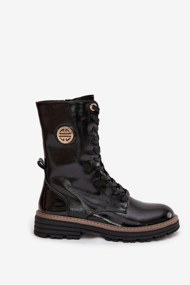 Botki Ocieplane|Botki Zimowe Damskie>Boto Lakierowane Botki Workery Damskie Ze Złotym Detalem Ocieplane Czarne Dorialine Czarny