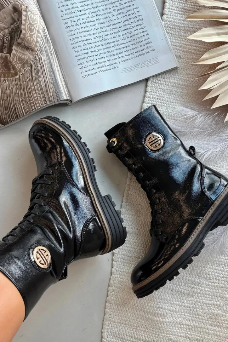 Botki Ocieplane|Botki Zimowe Damskie>Boto Lakierowane Botki Workery Damskie Ze Złotym Detalem Ocieplane Czarne Dorialine Czarny