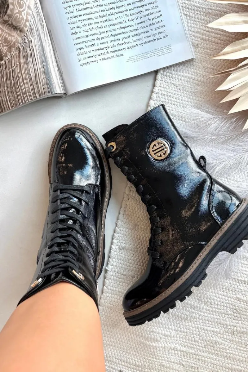 Botki Ocieplane|Botki Zimowe Damskie>Boto Lakierowane Botki Workery Damskie Ze Złotym Detalem Ocieplane Czarne Dorialine Czarny