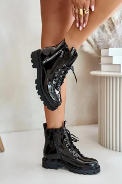 Sale Lakierowane Botki Workery Damskie Ocieplane Z Napisami Czarne Zinfreya Damskie Botki Sznurowane|Czarne Botki