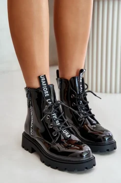 Sale Lakierowane Botki Workery Damskie Ocieplane Z Napisami Czarne Zinfreya Damskie Botki Sznurowane|Czarne Botki