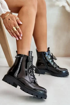 Sale Lakierowane Botki Workery Damskie Ocieplane Z Napisami Czarne Zinfreya Damskie Botki Sznurowane|Czarne Botki