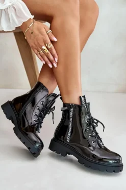 Sale Lakierowane Botki Workery Damskie Ocieplane Z Napisami Czarne Zinfreya Damskie Botki Sznurowane|Czarne Botki