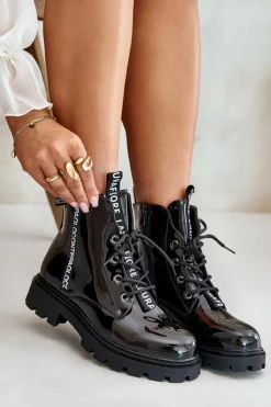 Sale Lakierowane Botki Workery Damskie Ocieplane Z Napisami Czarne Zinfreya Damskie Botki Sznurowane|Czarne Botki