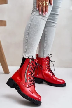 New Lakierowane Botki Workery Na Zamek Ocieplane Czerwone Ravanthia Damskie Botki Sznurowane|Botki Płaskie