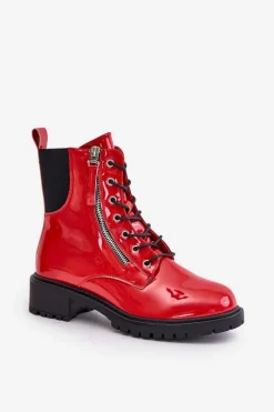 New Lakierowane Botki Workery Na Zamek Ocieplane Czerwone Ravanthia Damskie Botki Sznurowane|Botki Płaskie