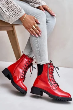 New Lakierowane Botki Workery Na Zamek Ocieplane Czerwone Ravanthia Damskie Botki Sznurowane|Botki Płaskie