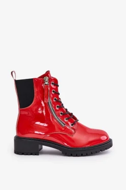 New Lakierowane Botki Workery Na Zamek Ocieplane Czerwone Ravanthia Damskie Botki Sznurowane|Botki Płaskie