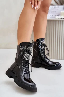 New Damskie buty S.Barski Lakierowane Botki Workery Ze Zdobieniem Ocieplane D&A MR880-080 Czarne Czarny