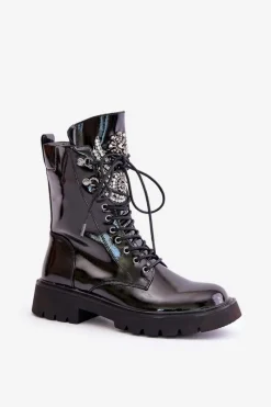New Damskie buty S.Barski Lakierowane Botki Workery Ze Zdobieniem Ocieplane D&A MR880-080 Czarne Czarny