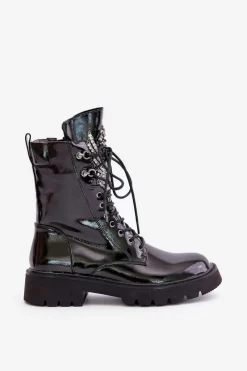 New Damskie buty S.Barski Lakierowane Botki Workery Ze Zdobieniem Ocieplane D&A MR880-080 Czarne Czarny