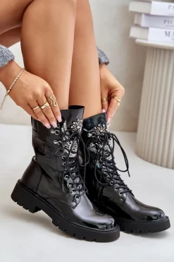 New Damskie buty S.Barski Lakierowane Botki Workery Ze Zdobieniem Ocieplane D&A MR880-080 Czarne Czarny